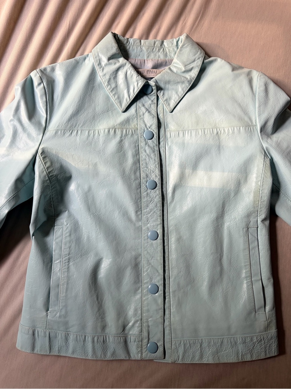 Miu Miu Light Blue Leather Snap-Front Jacket